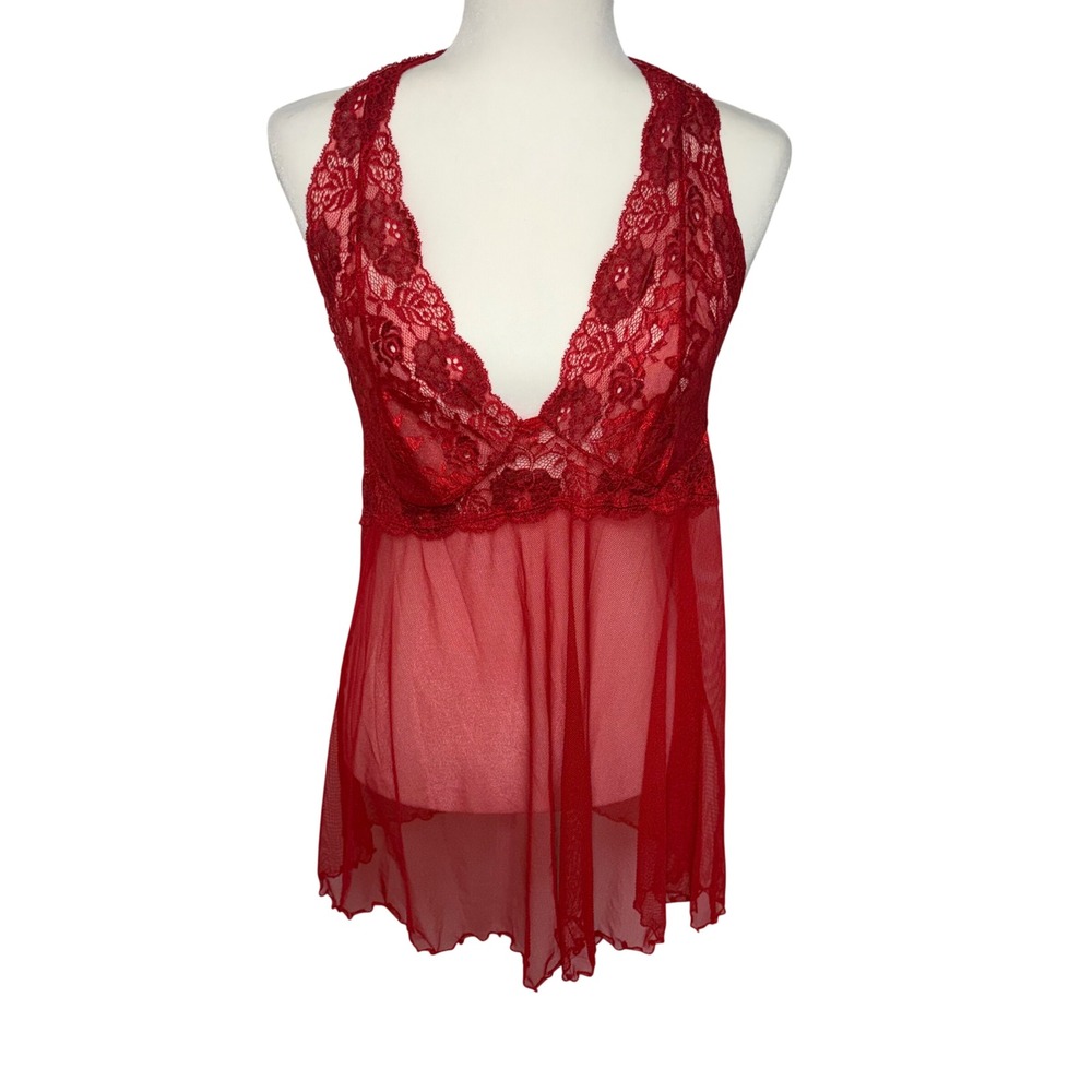 Victorias Secret Red Lace Mesh Babydoll Chemise Lingerie sz L Mini Slip Romantic
